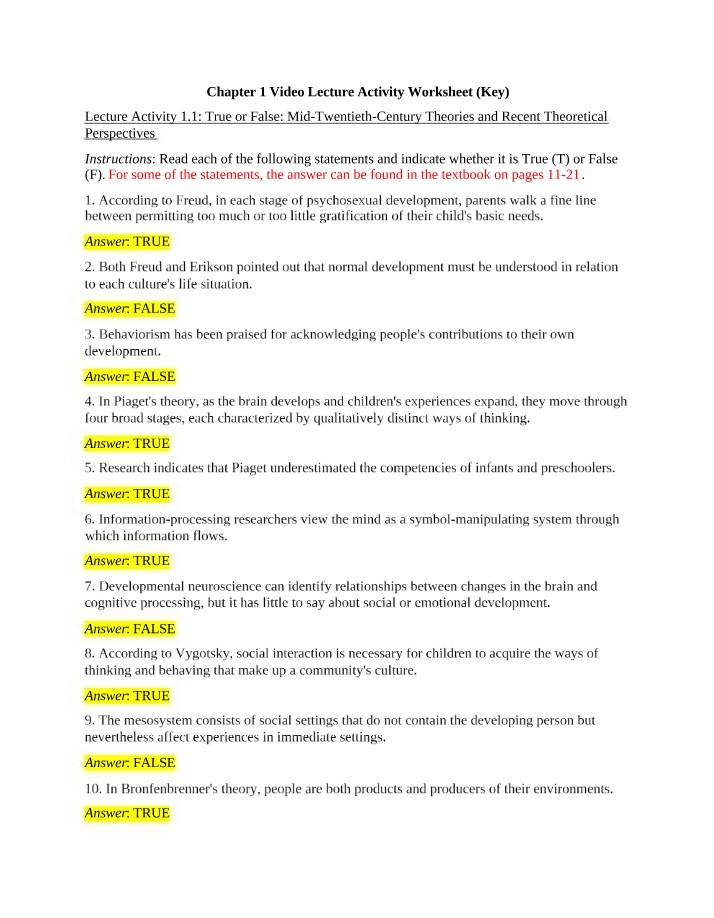 Worksheet - Key Concepts in Developmental Psychology