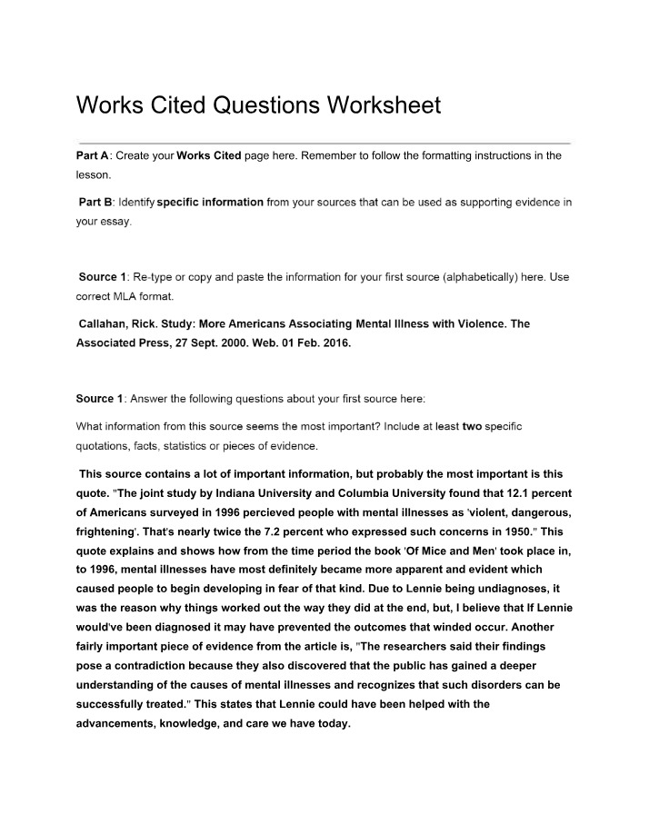 Worksheet on Works Cited Questions