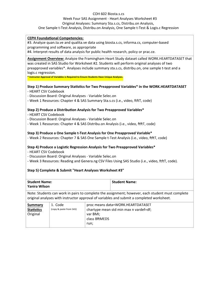 Worksheet 3 on Heart Analyses