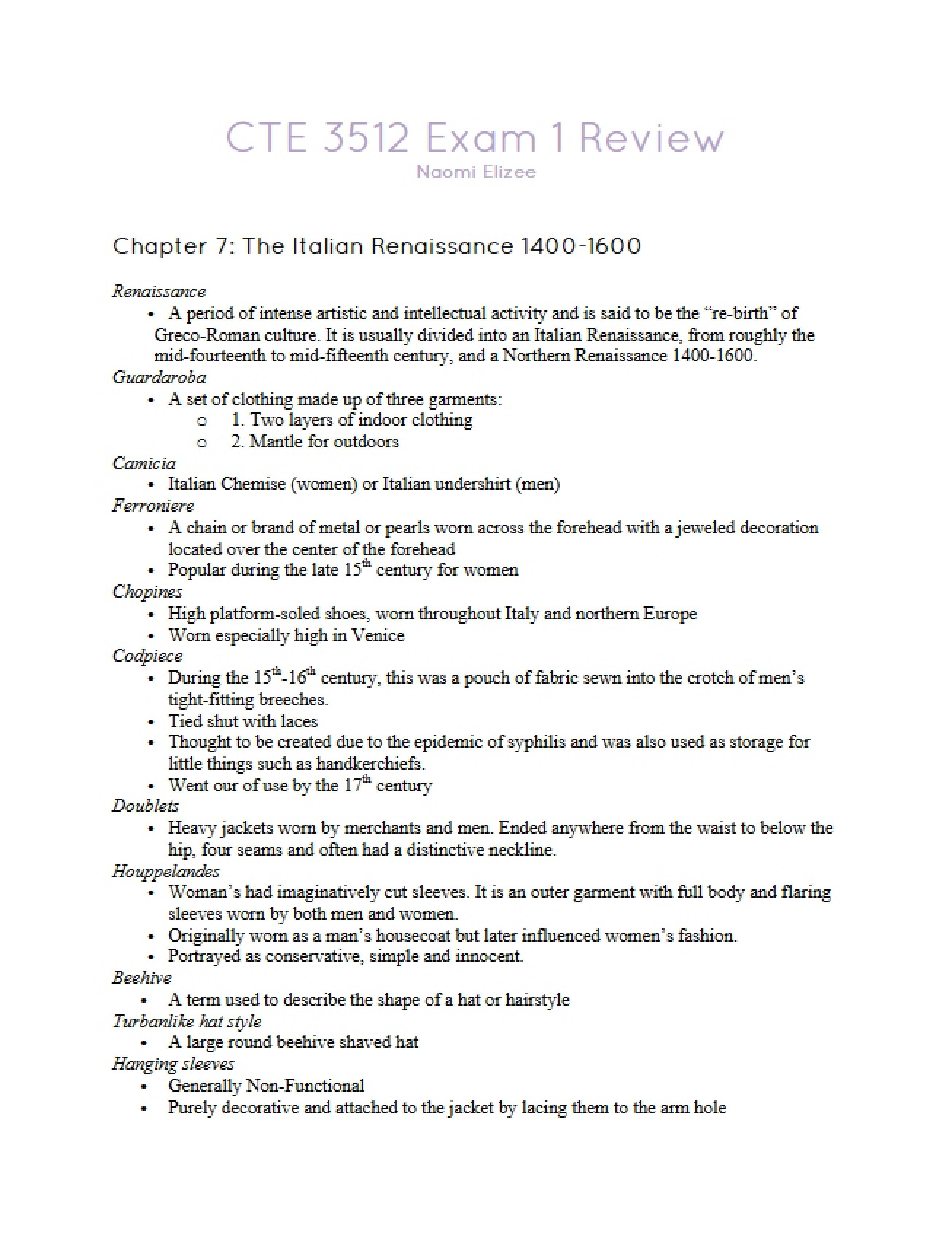 Review for the First Exam in History of Dress
