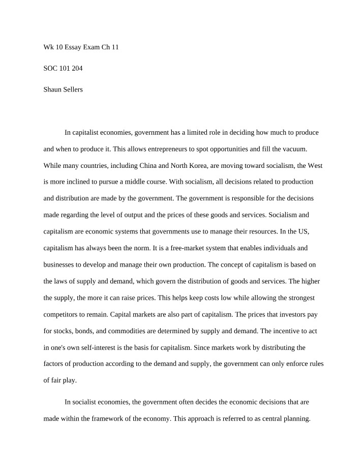 Essay Exam - Capitalism vs. Socialism