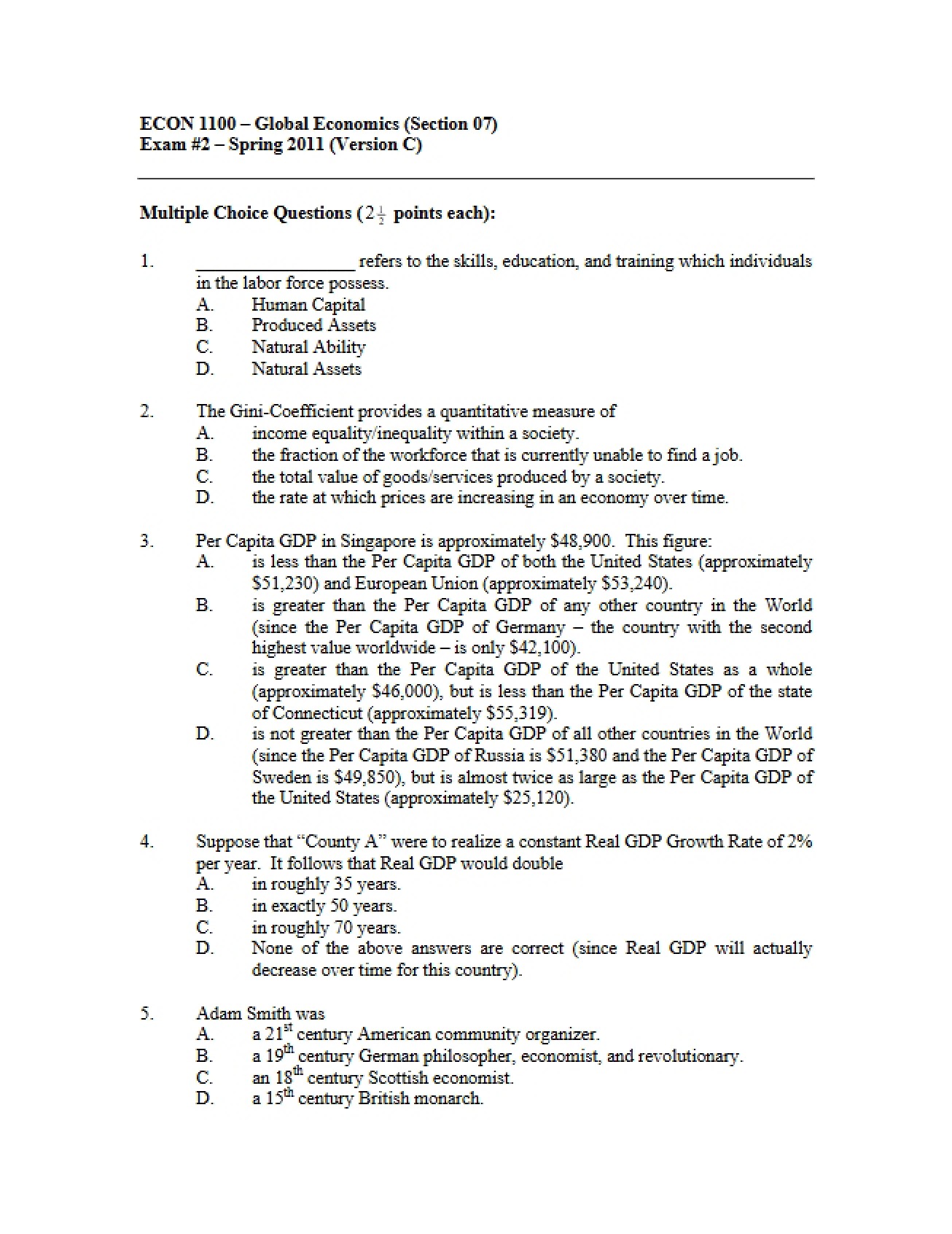 ECON 1100 Midterm Exam Part II
