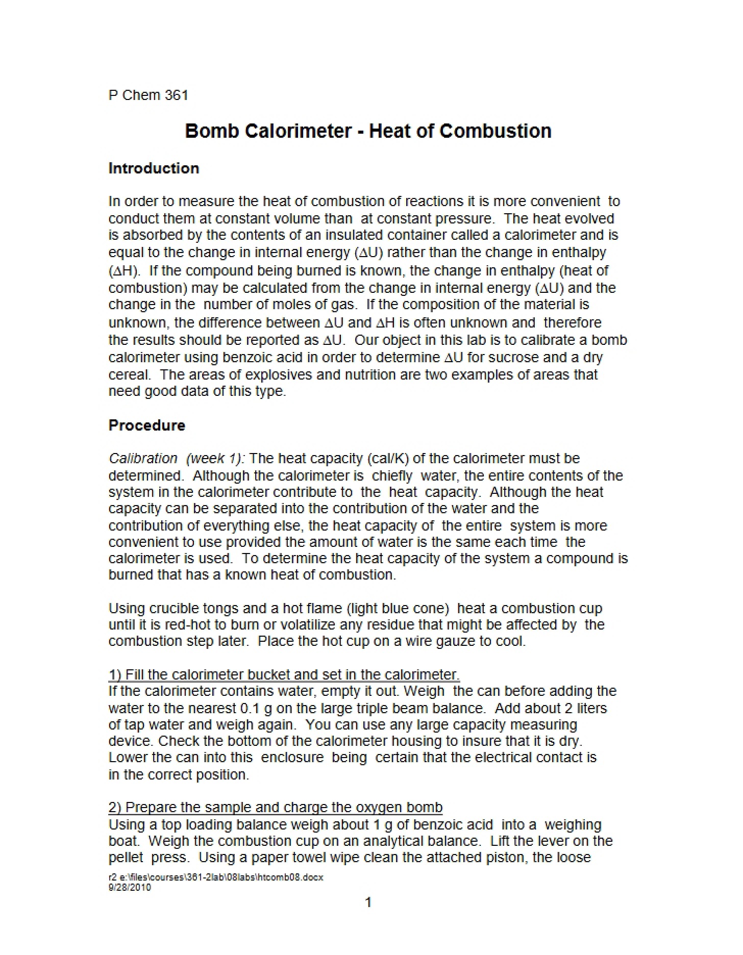 Combustion Heat via Bomb Calorimeter