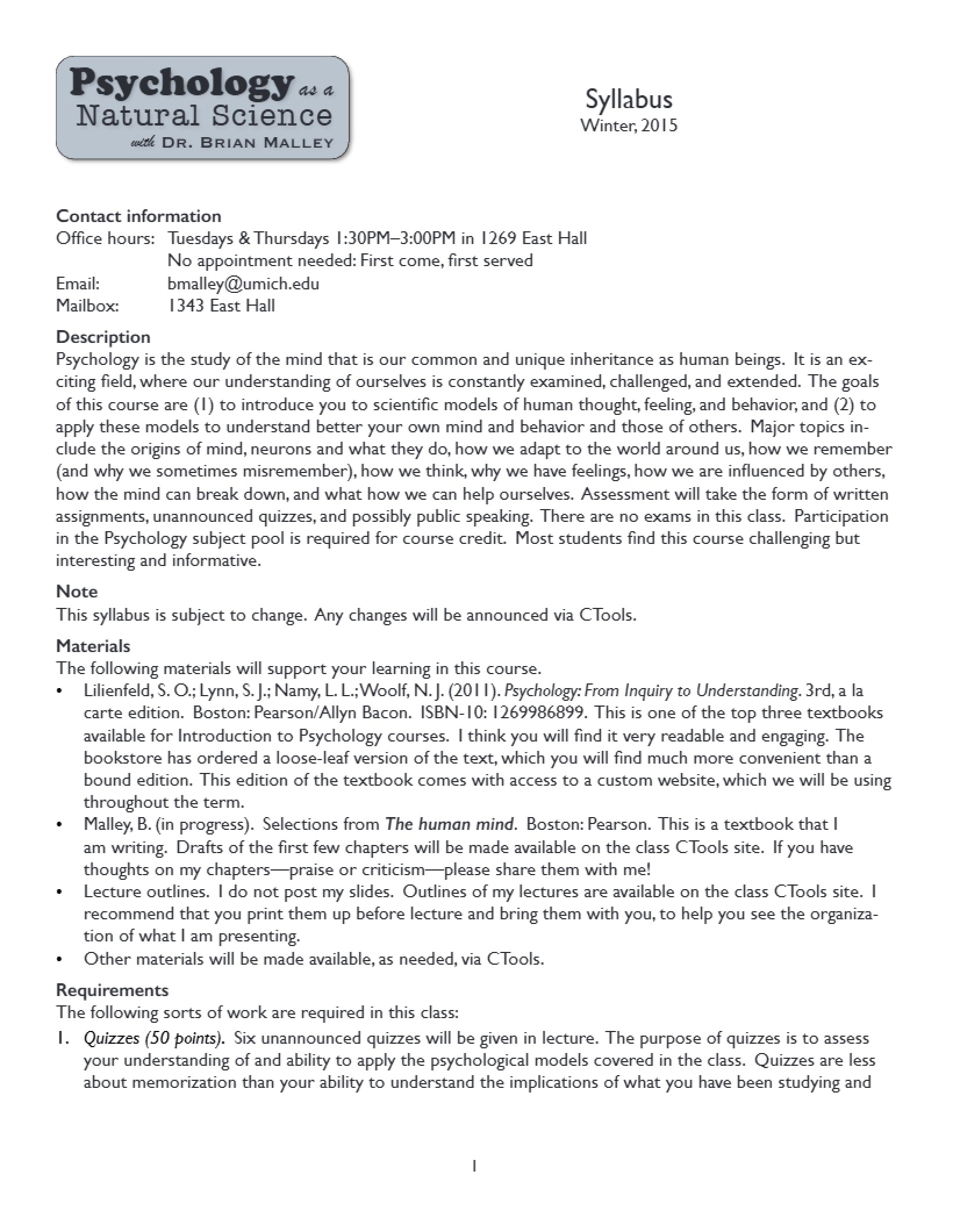 Natural Science Psychology Syllabus