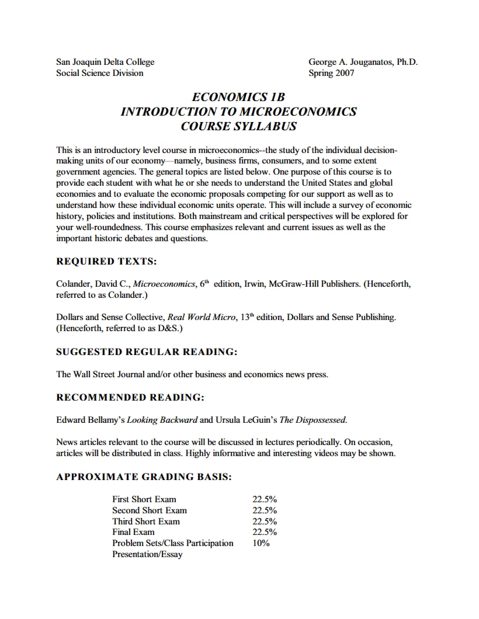 Principles of Microeconomics Syllabus - Principles of Microeconomics