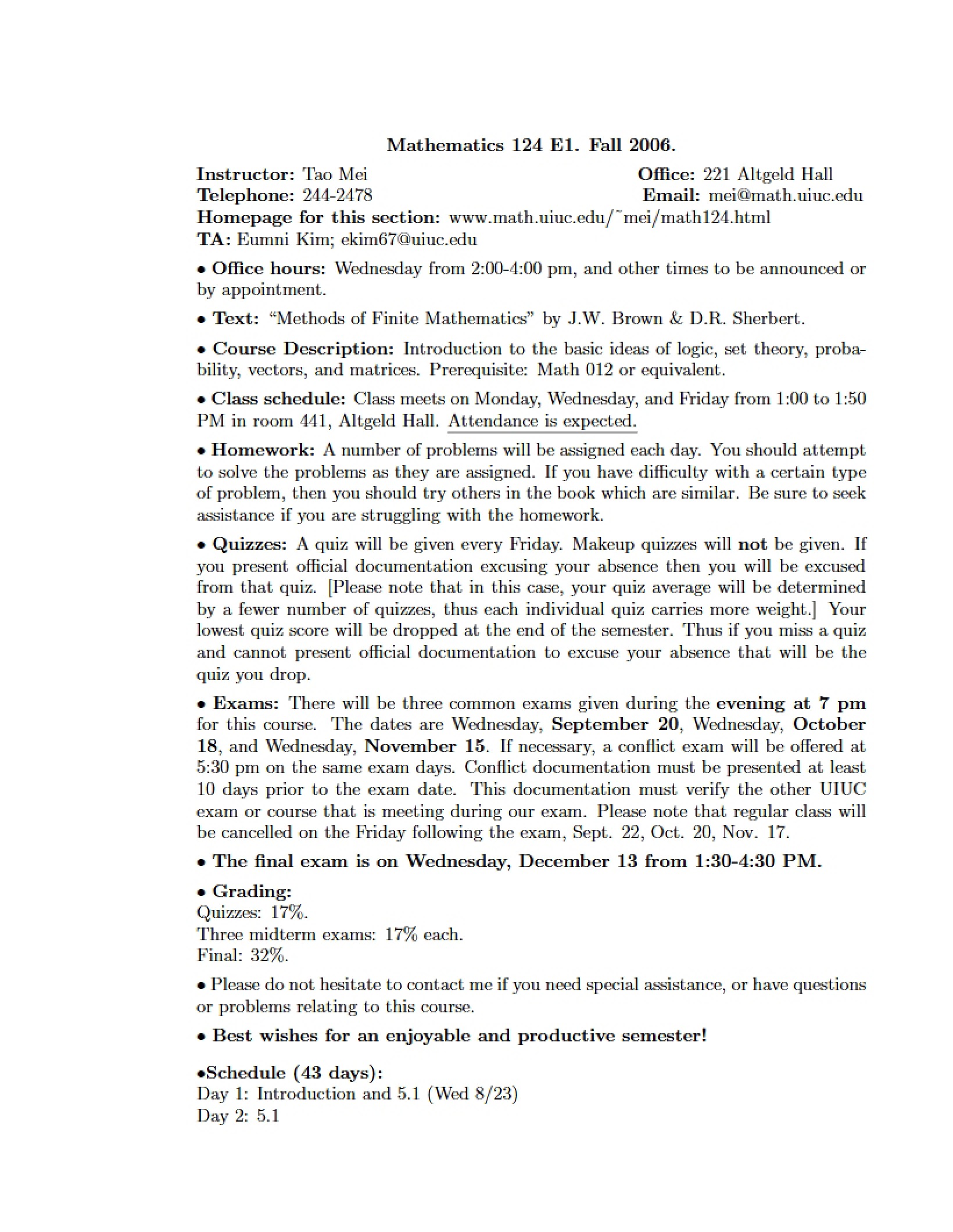 Calculus with Applications Syllabus