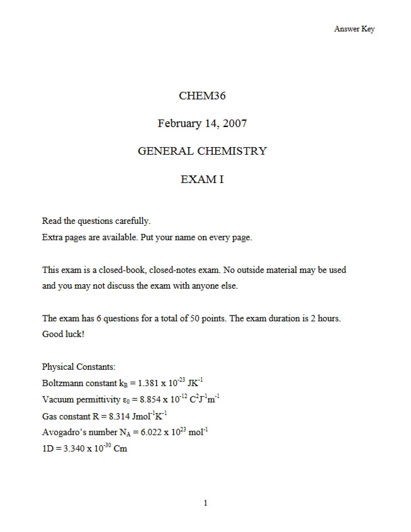 General Chemistry for Majors Exam One