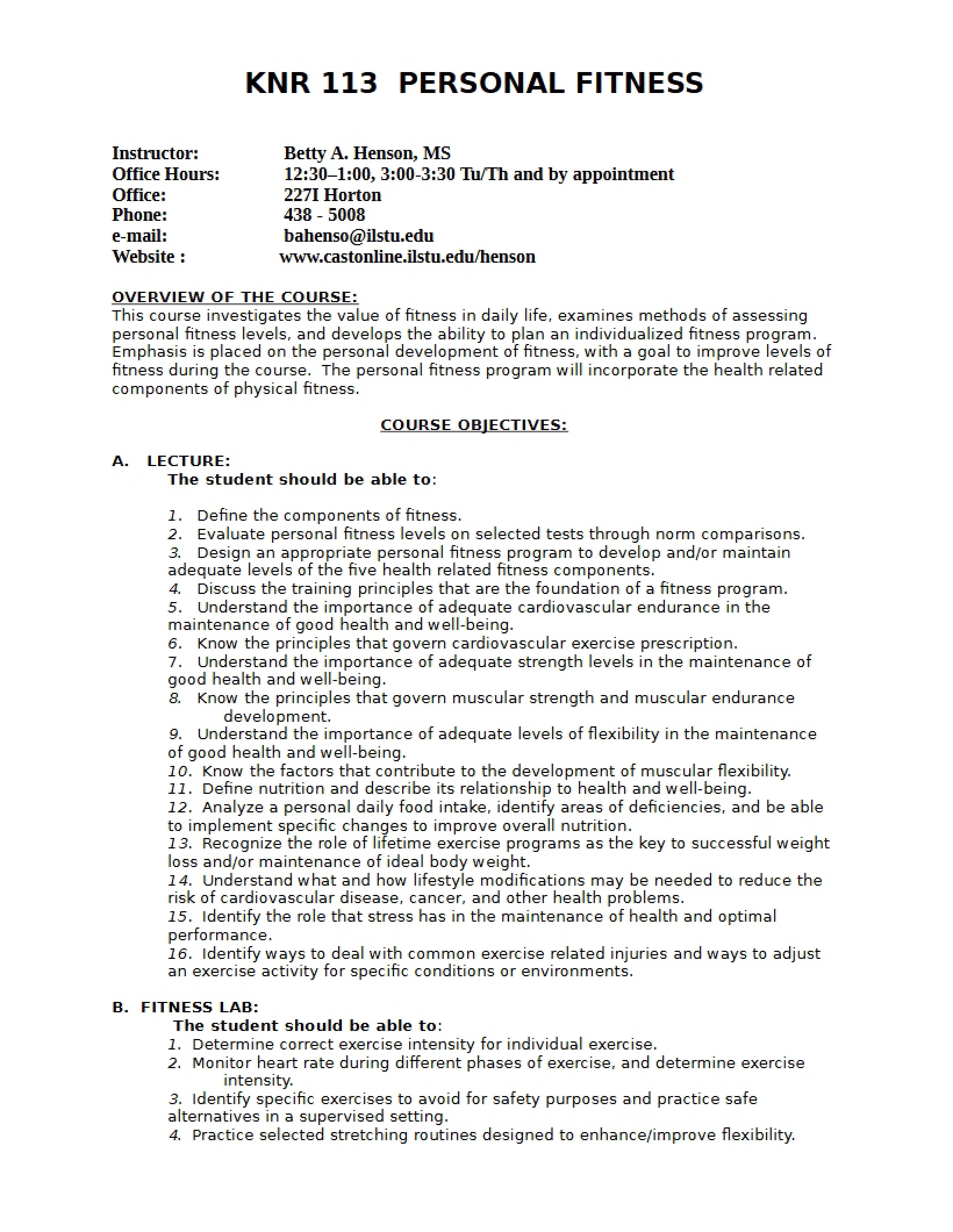 Syllabus for Personal Fitness