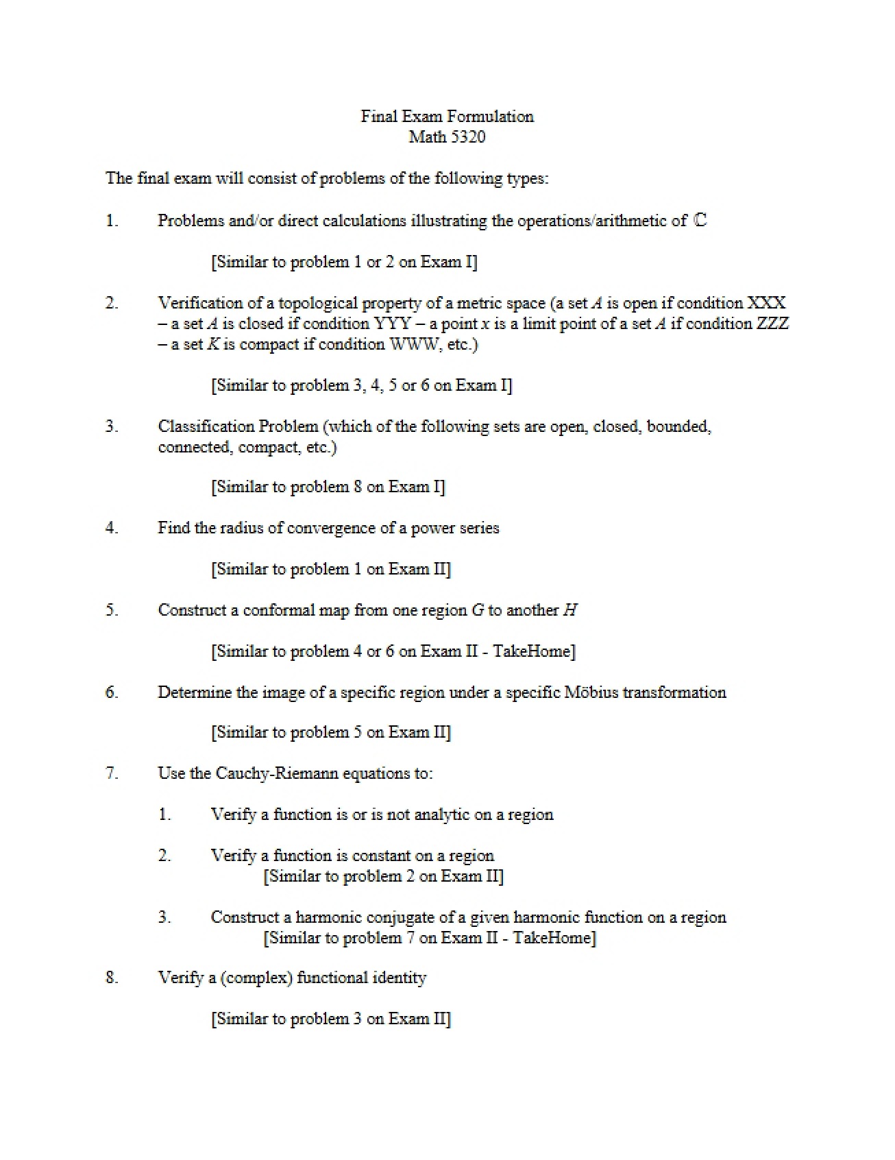 MATH 5320 Final Exam Formulation