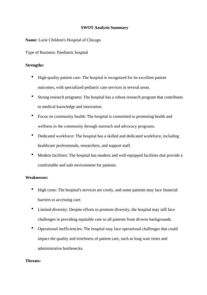 SWOT Analysis of Lurie Children's Pediatric Care