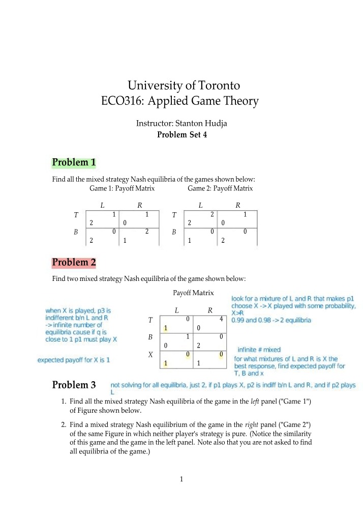 Problem Set 4 for Applied Game Theory