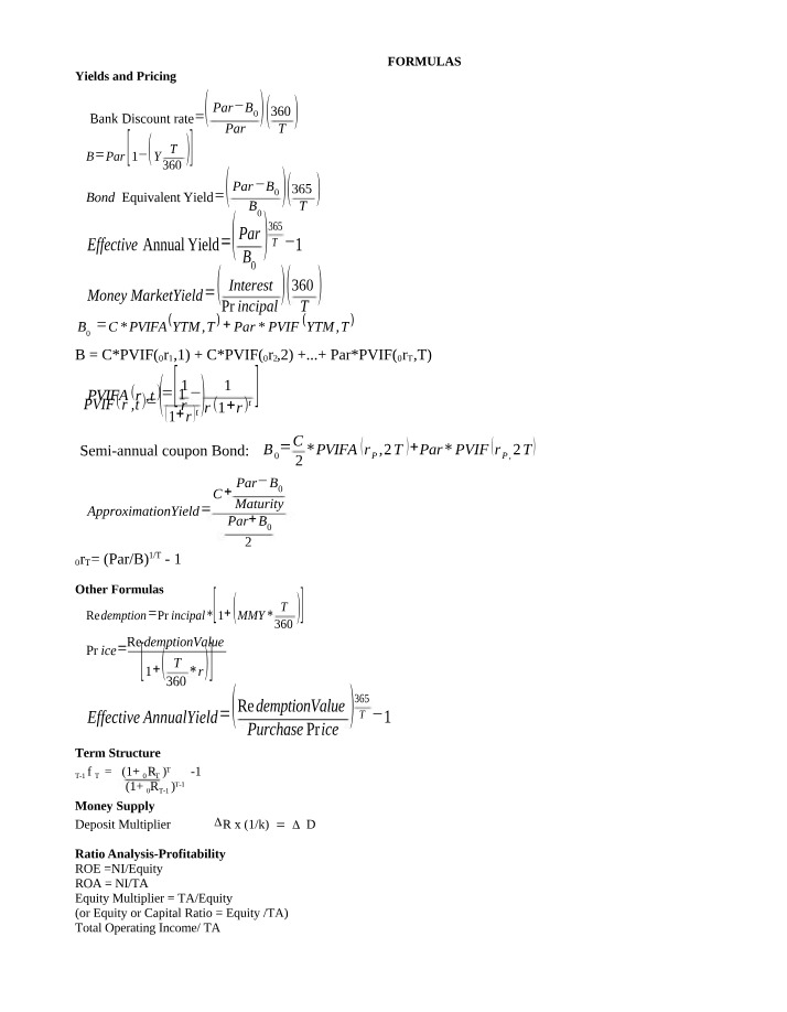 Pricing and Yield Formulas - Bank Discount Rate and Bonds