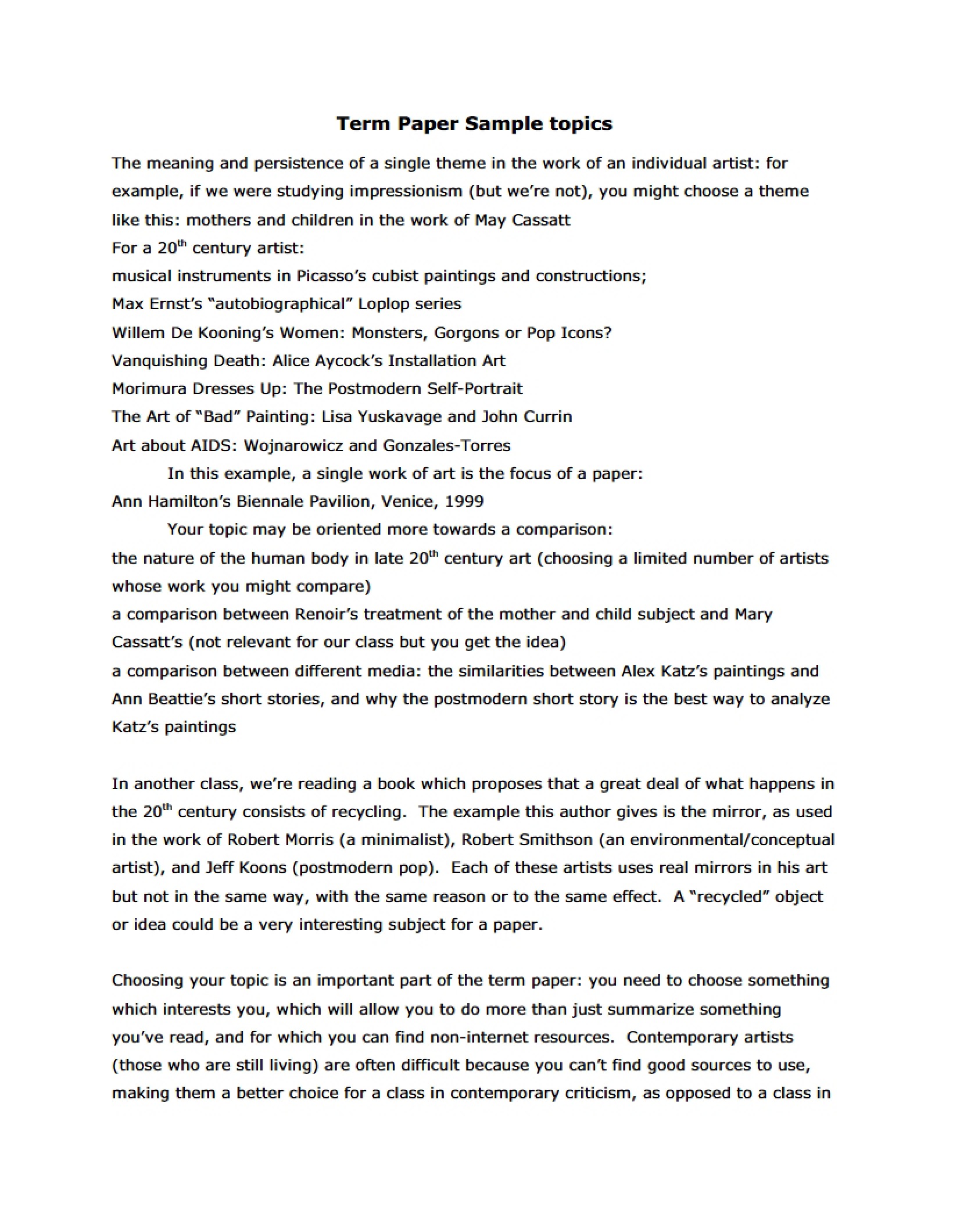 Sample Topics for Term Paper