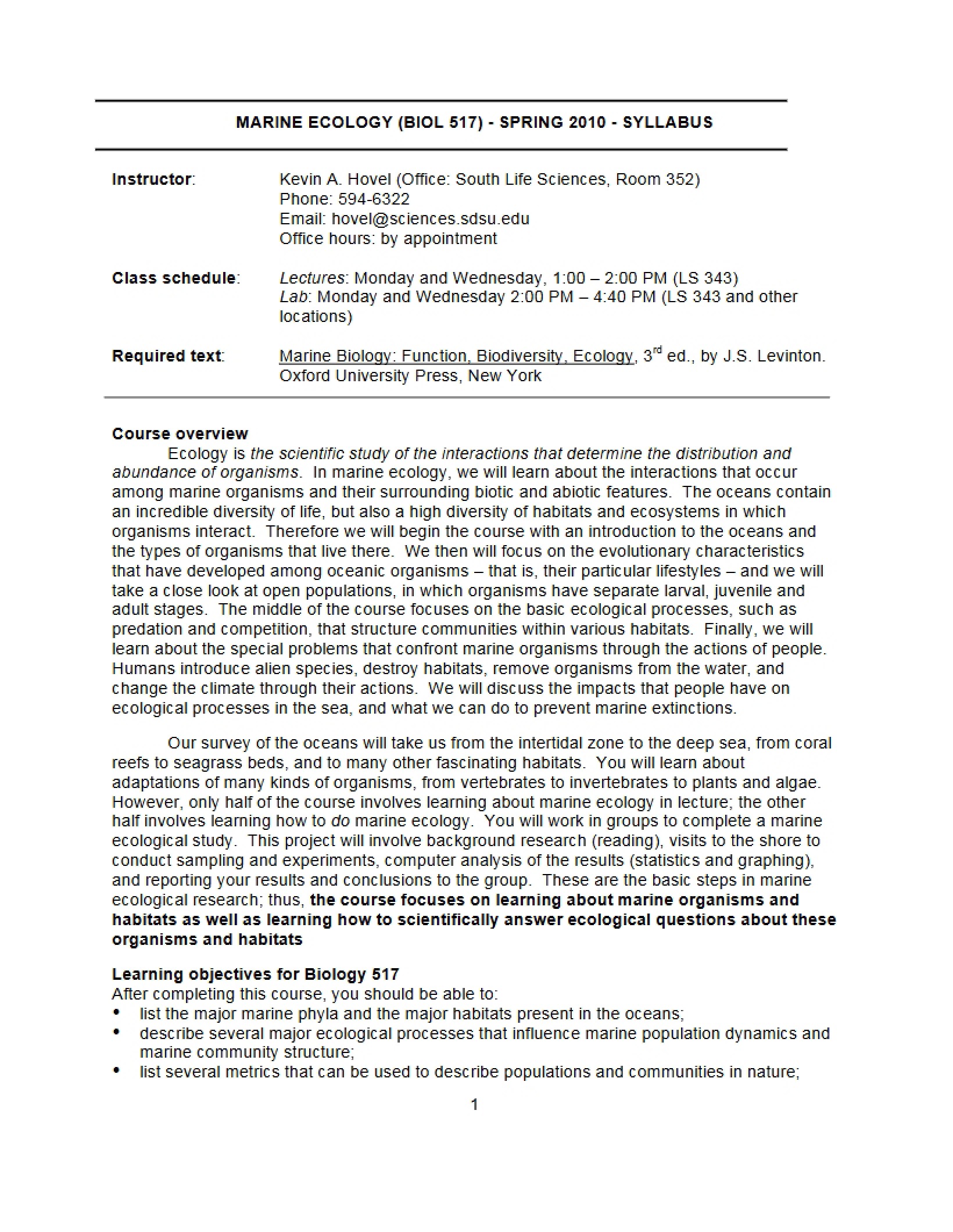 Syllabus for Marine Ecology
