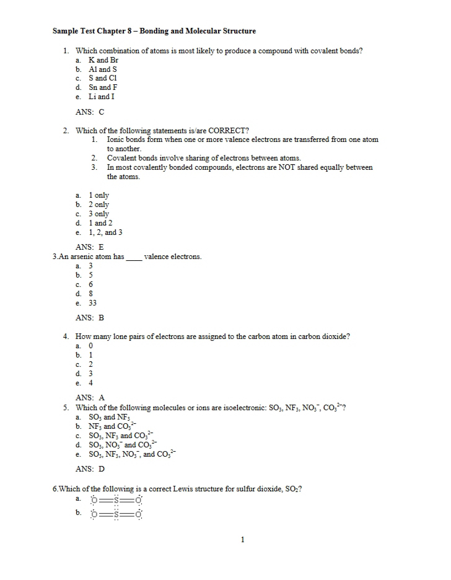 Bonding and Molecular Structure Sample Test (Ch 8)