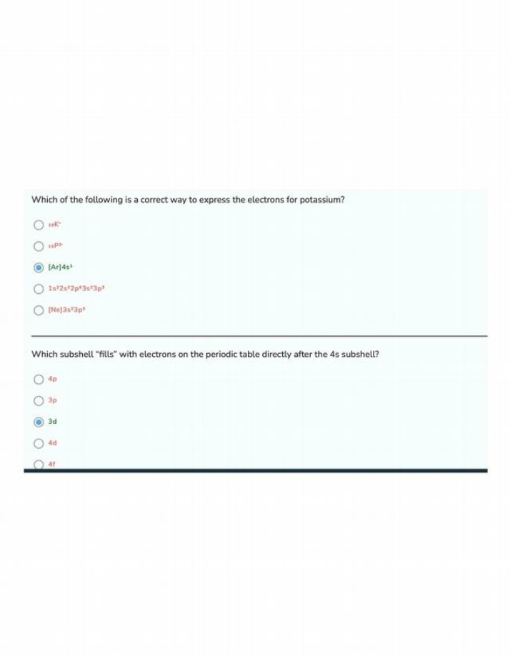 Quiz on Potassium Electron Configuration and Subshell Filling