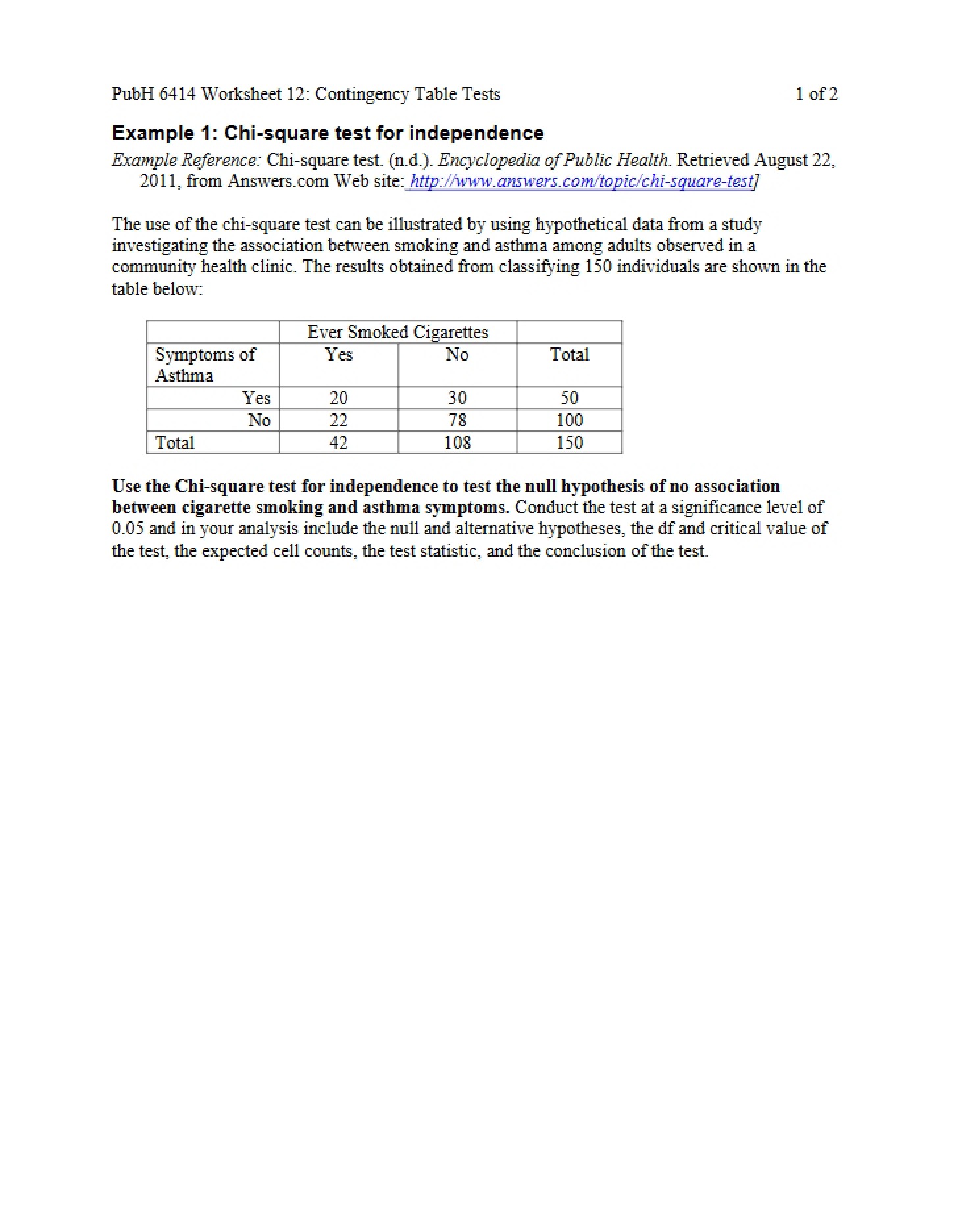 Worksheet Tests for Contingency Tables