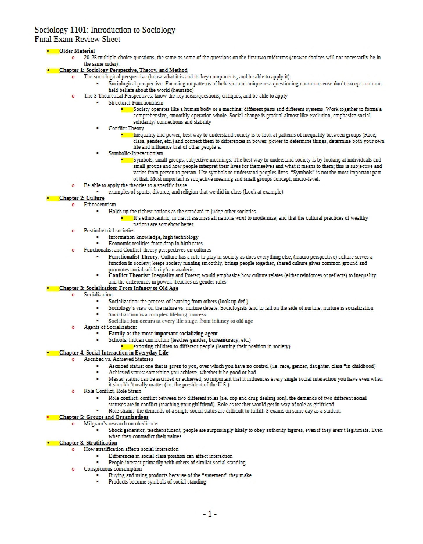 Sheet for Final Exam Review