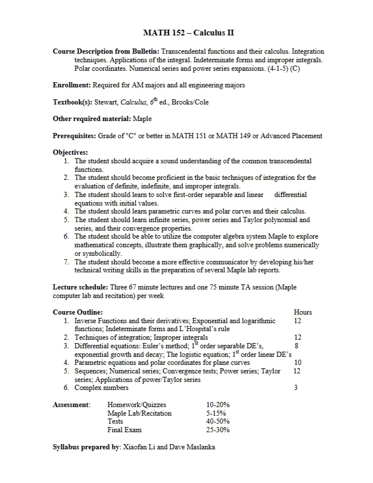 Calculus II Course Syllabus