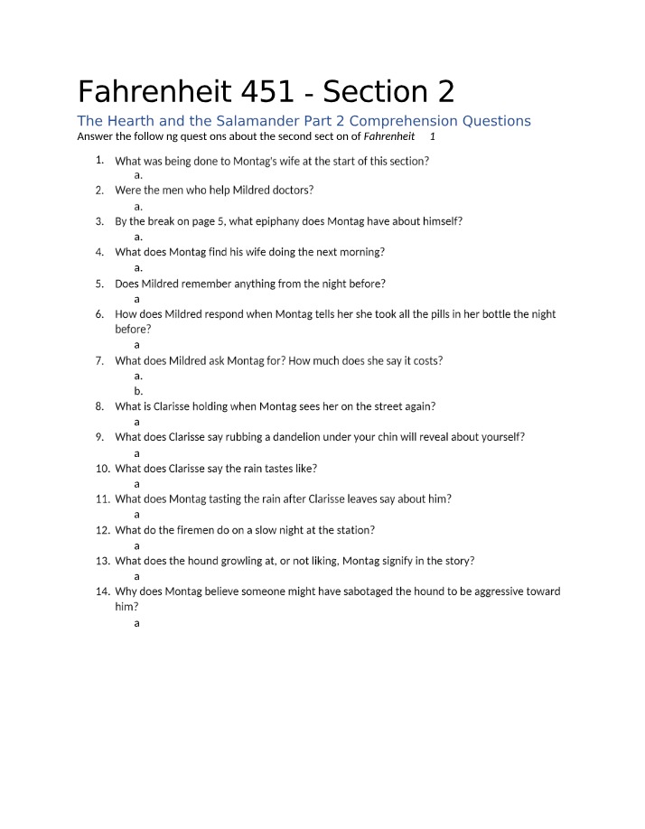Comprehension Questions for Fahrenheit 451 Section 2