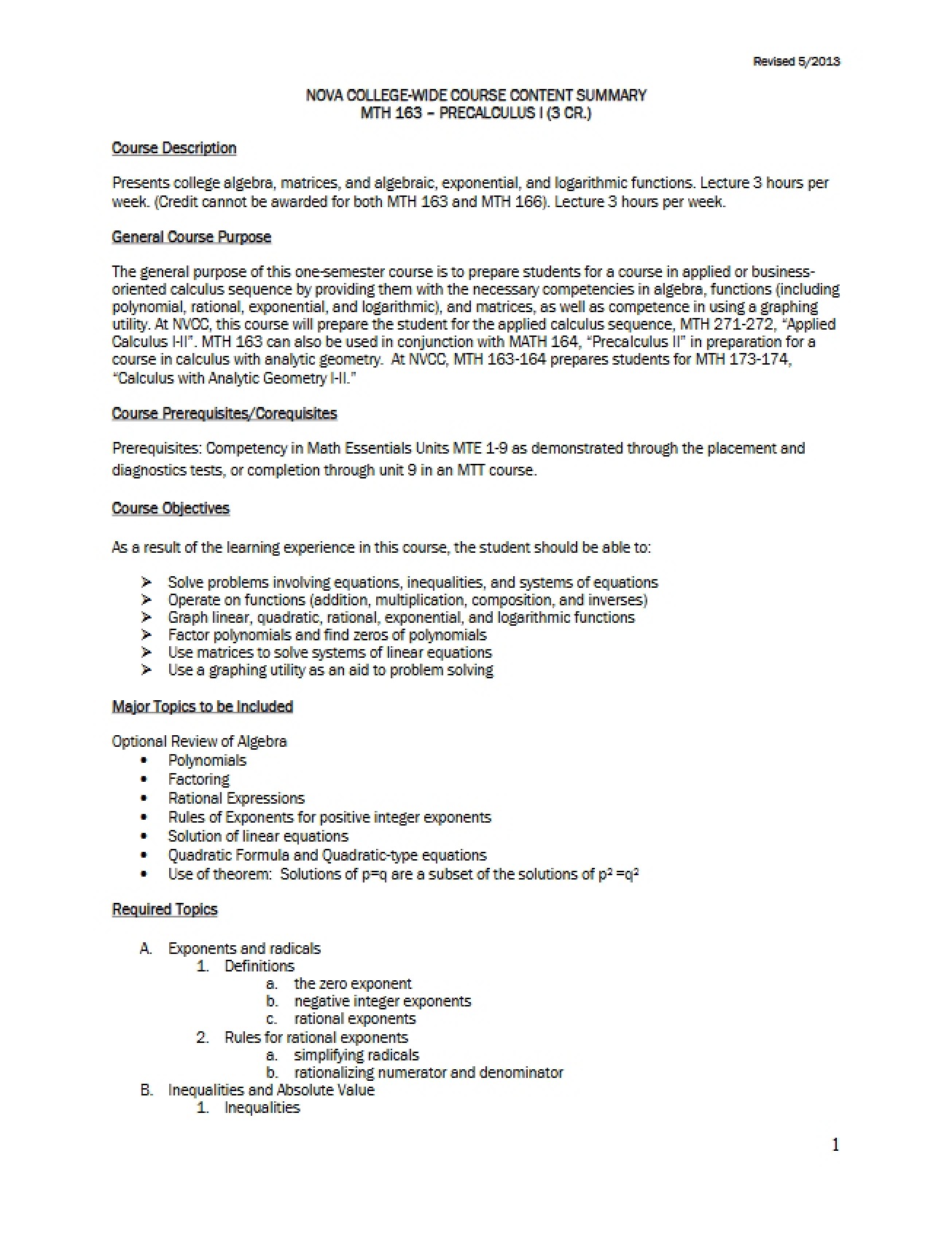 Precalculus I Course Outline