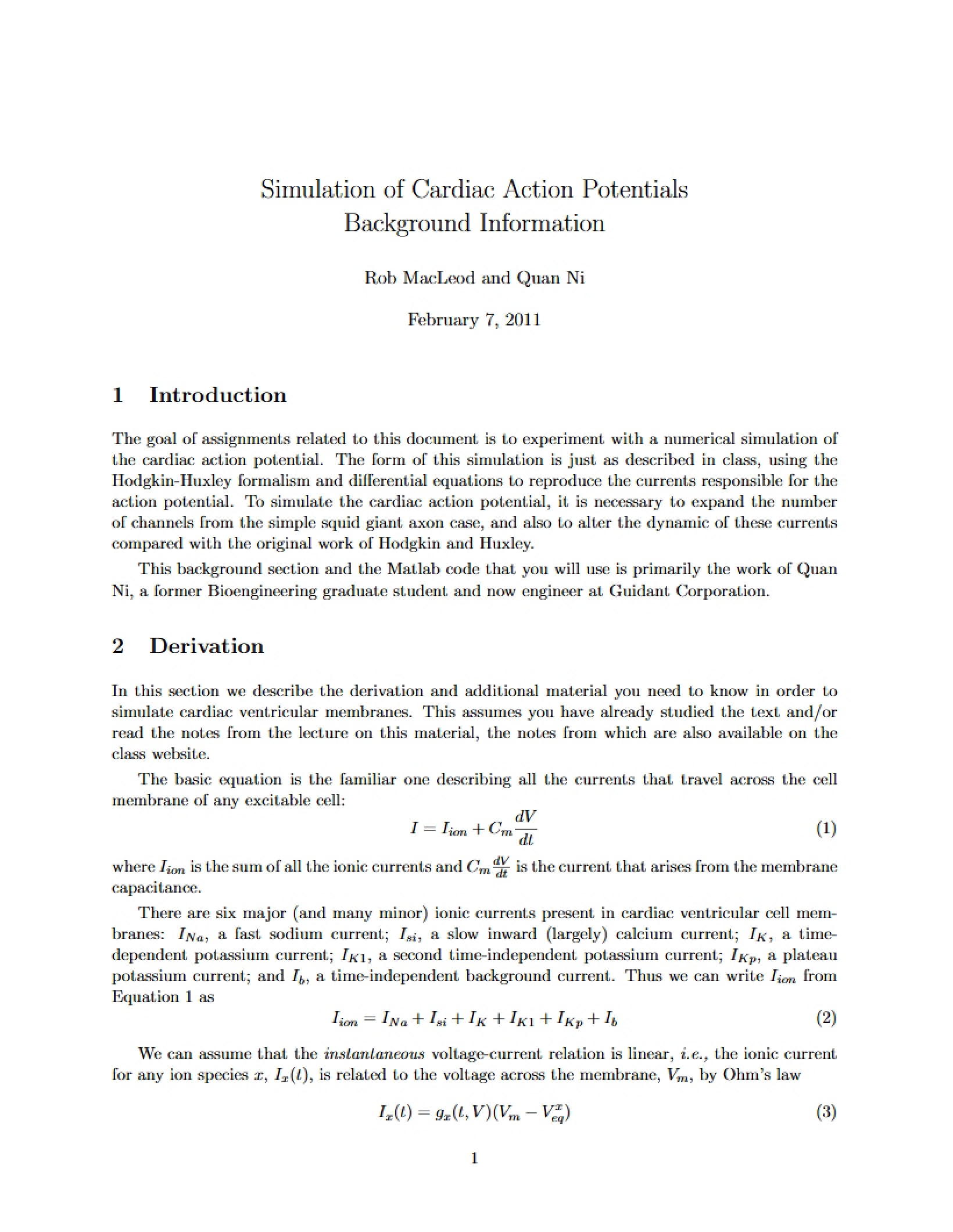 Background for Cardiac Action Potential Simulation