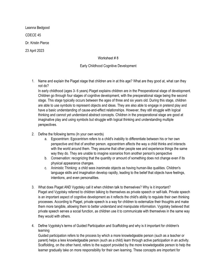 Worksheet on Early Childhood Cognitive Development