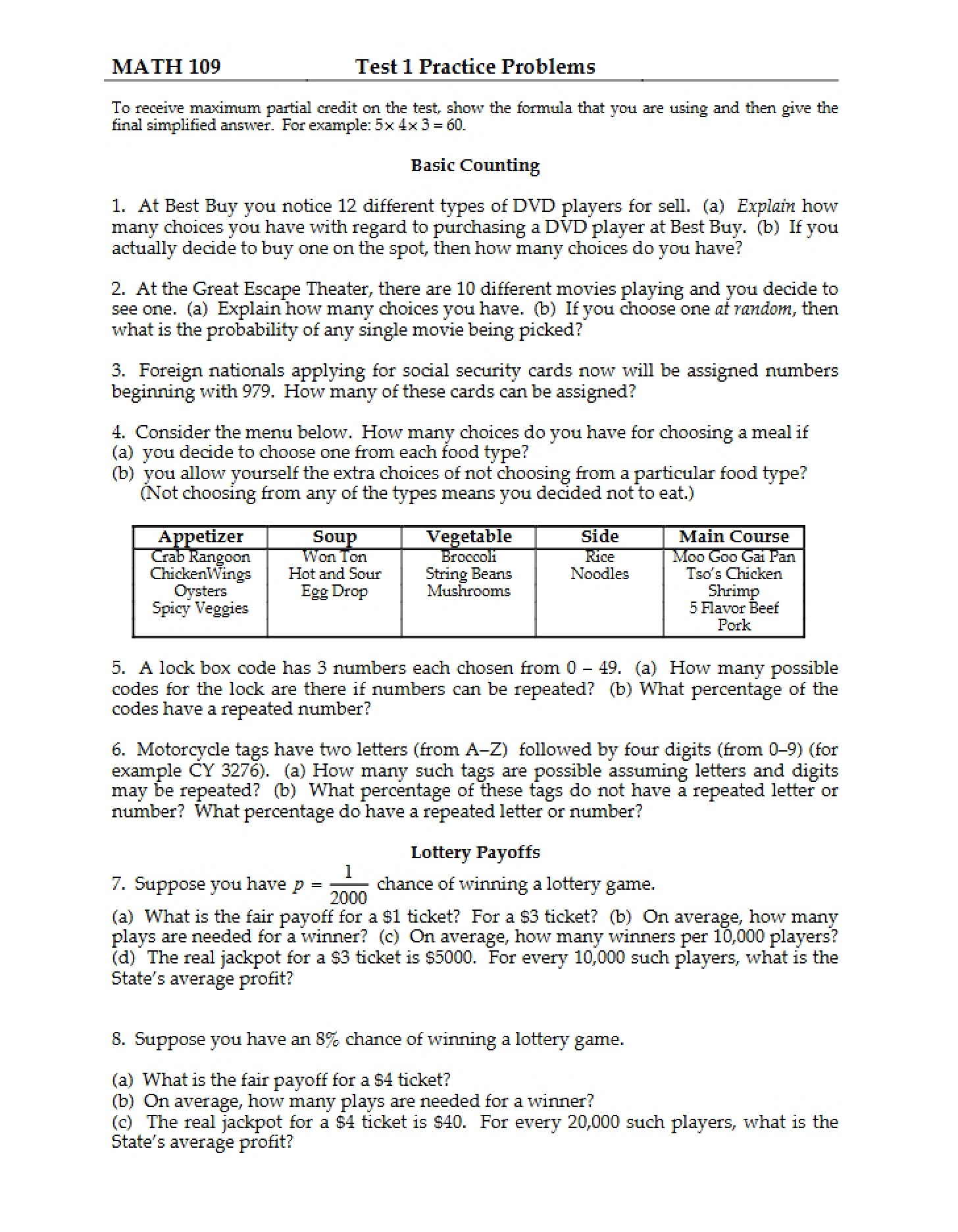 Practice Problems Test One