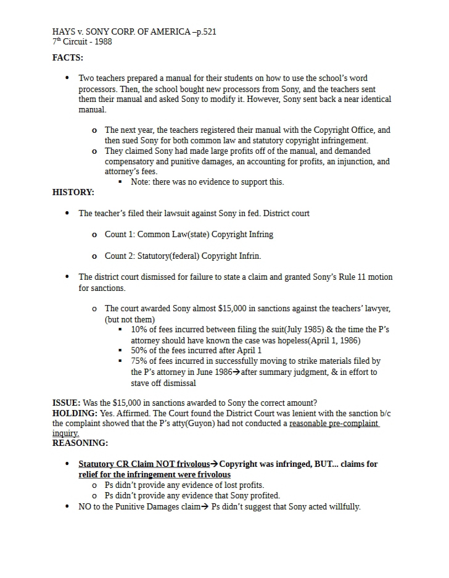 HAYS v. SONY CORP. OF AMERICA Legal Brief