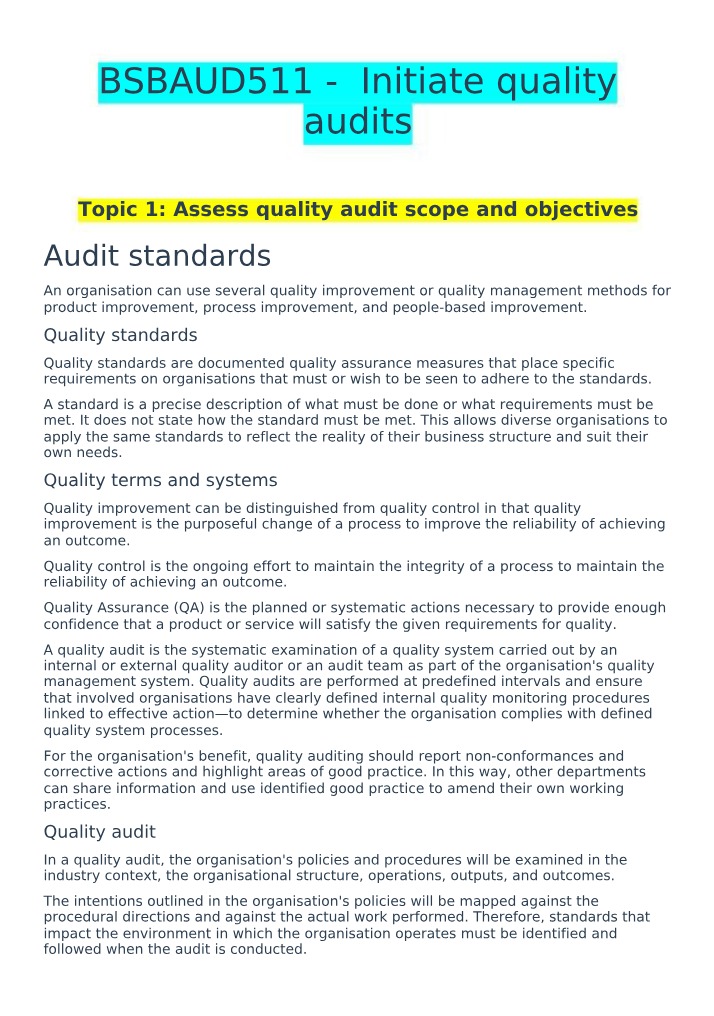 Initiating Quality Audits (BSBAUD511)