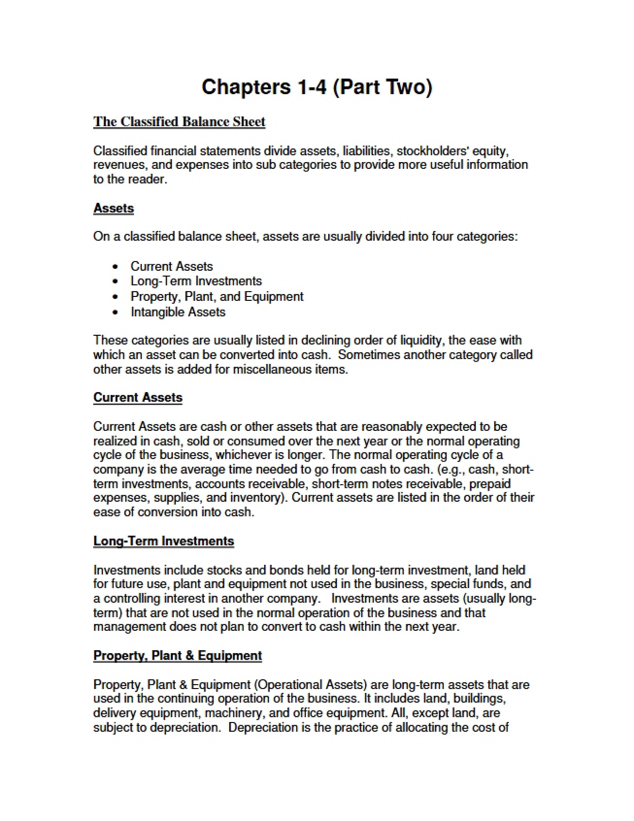 Classified Balance Sheet Chapters One through Four