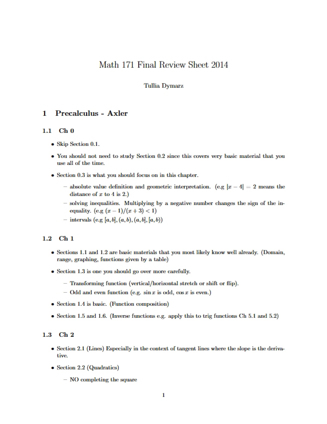 Review Sheet for 171 Final