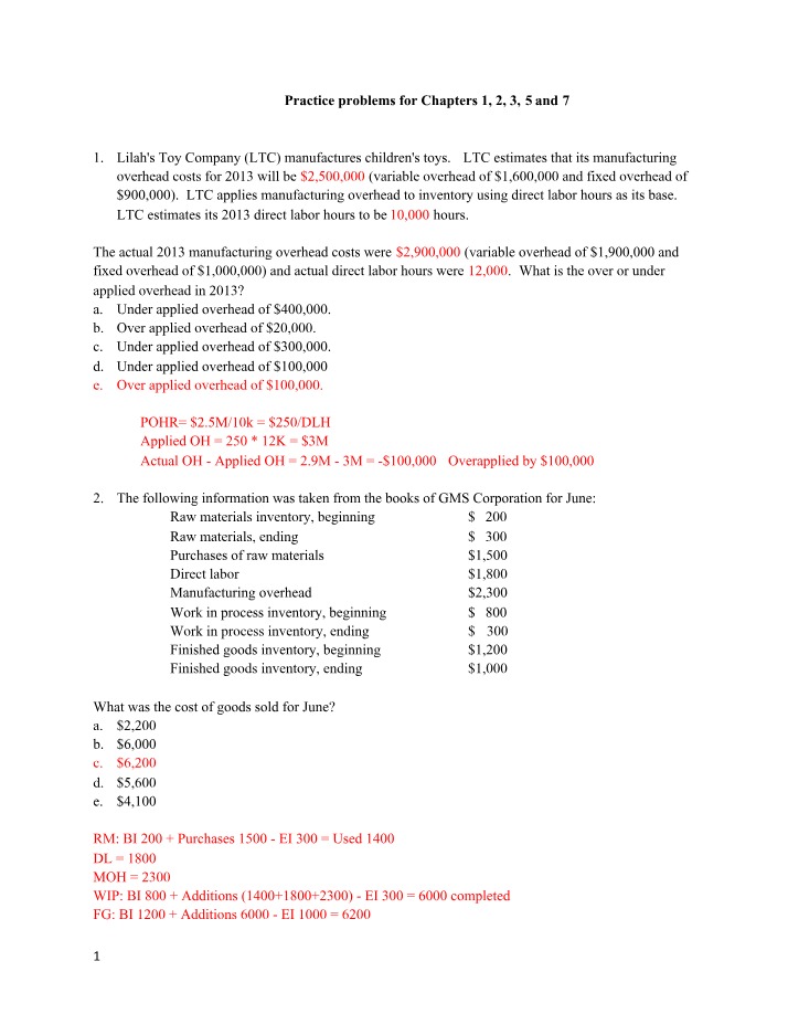 Manufacturing Overhead Calculation Practice Problems