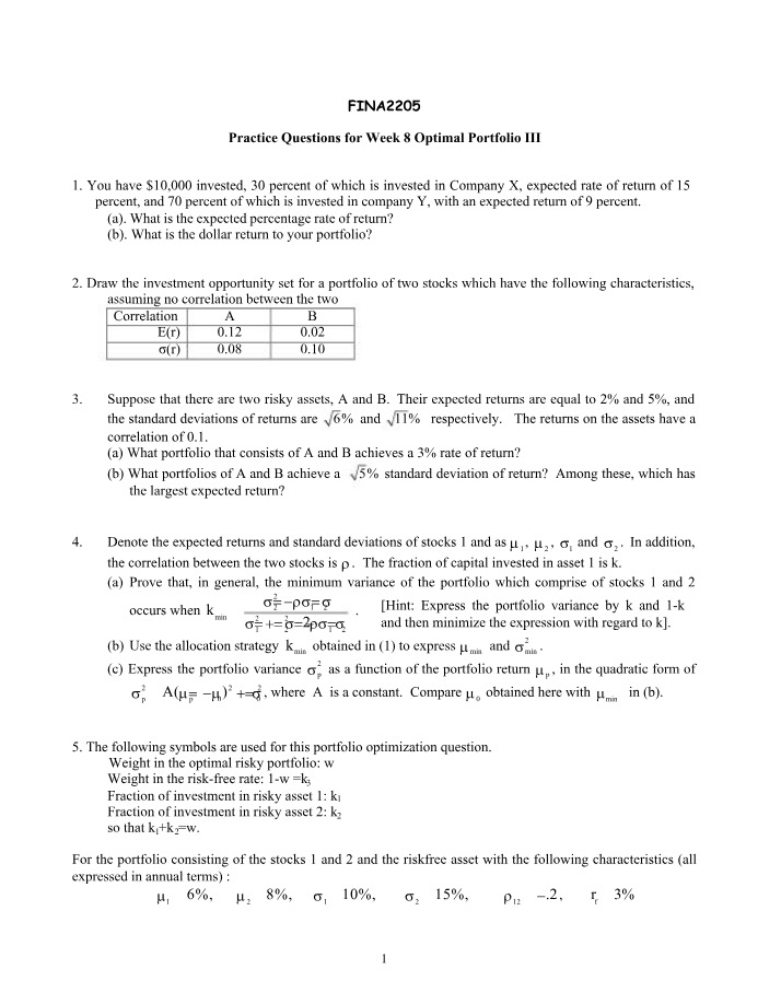 Week 8 Practice Questions - Optimal Portfolio III