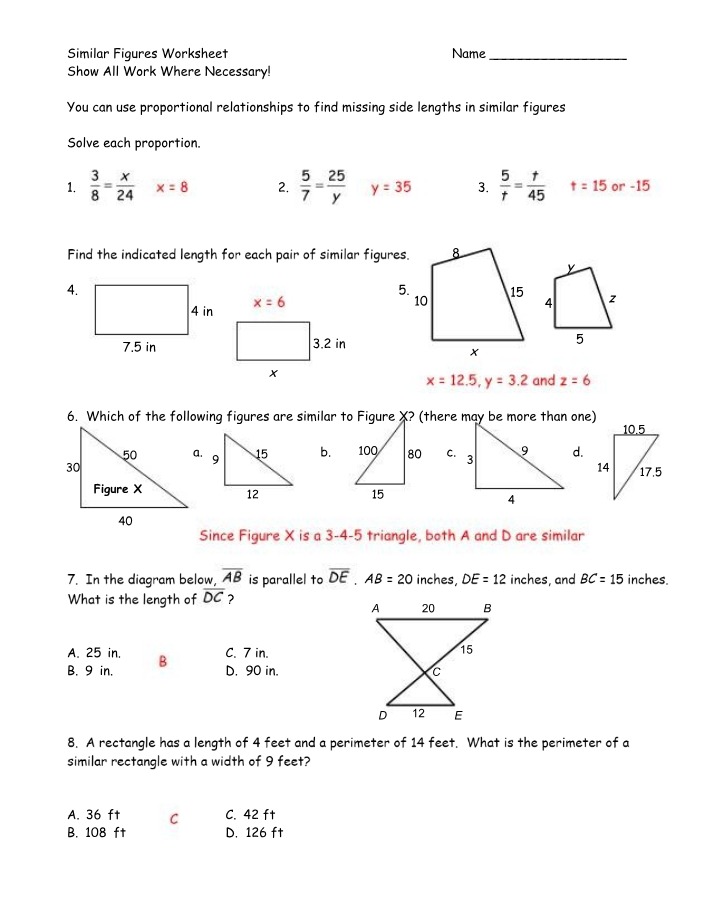Worksheet on Similar Figures - Missing Side Lengths