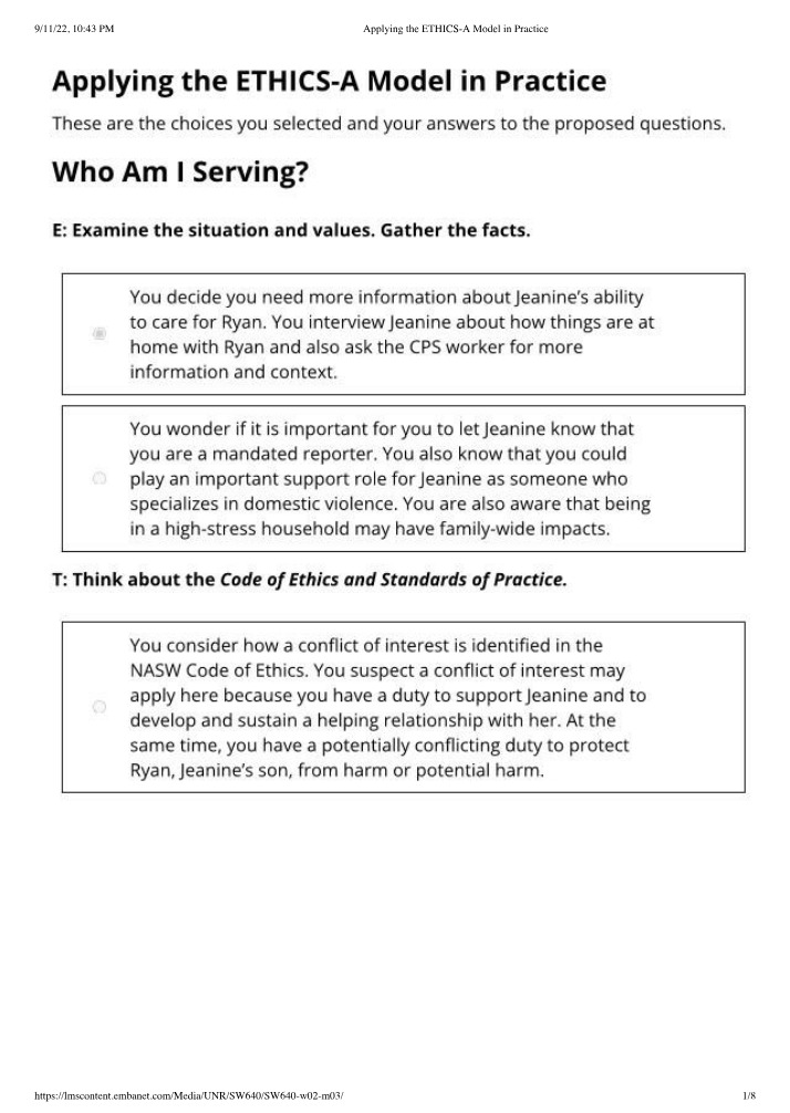 ETHICS-A Model - Application in Practice