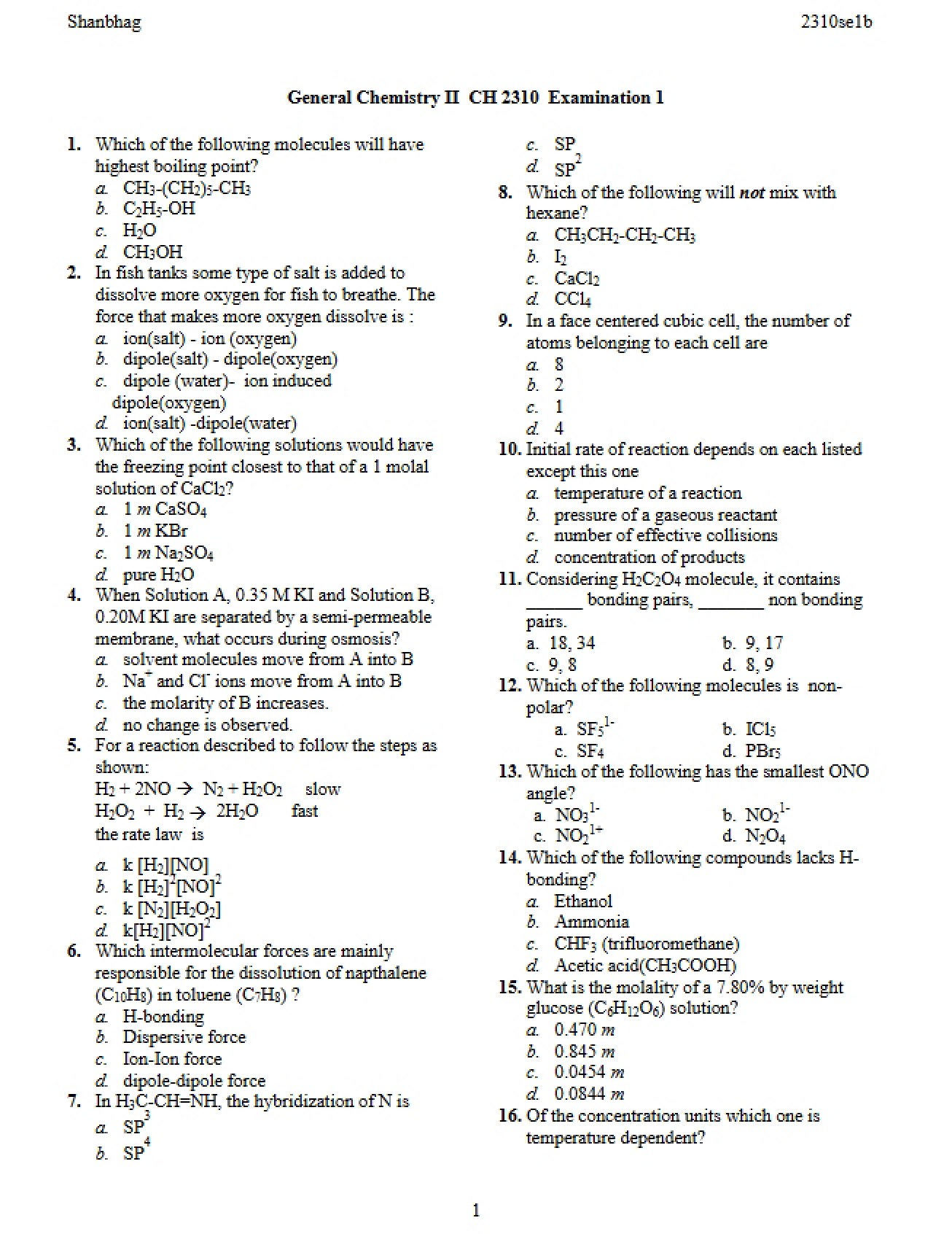 General Chemistry II Exam 1