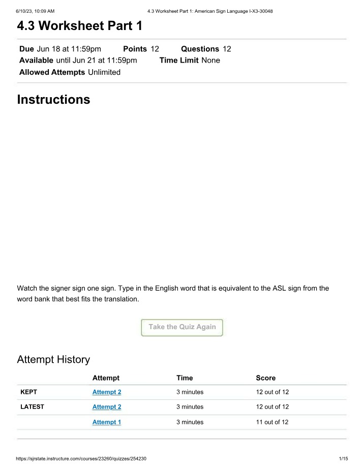 ASL Quiz Part 1 English Worksheet