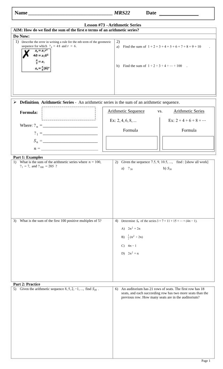Arithmetic Series (Lesson 73)