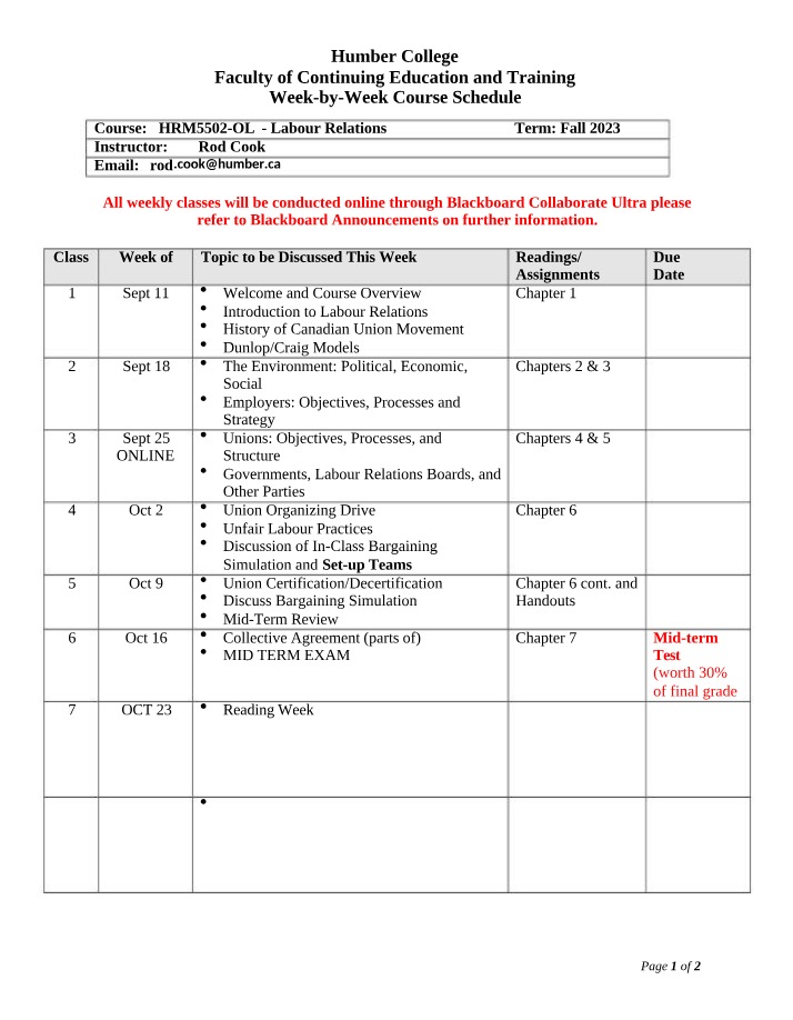 Schedule for Labour Relations Course