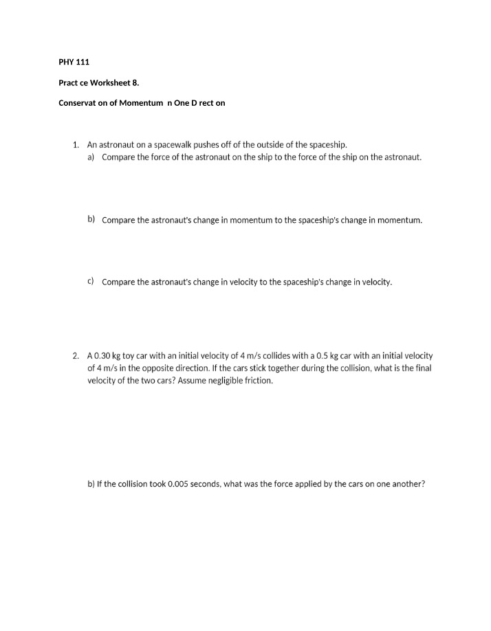 Conservation of Momentum Practice Worksheet