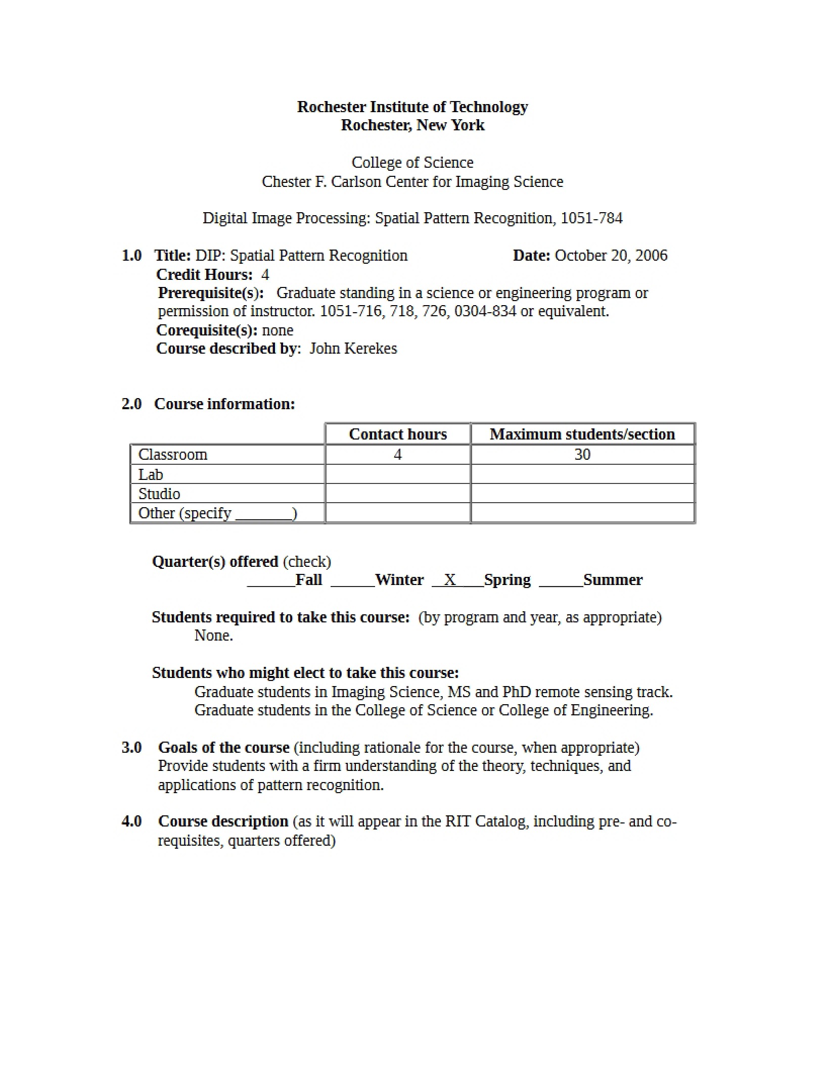 Pattern Recognition Course Information