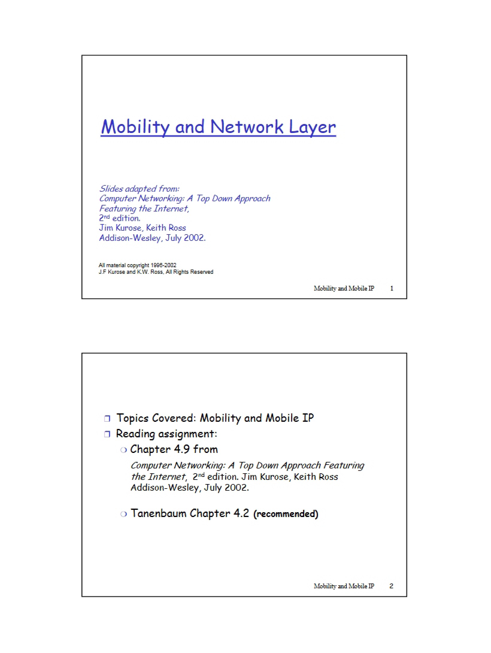 Network Layer and Mobility