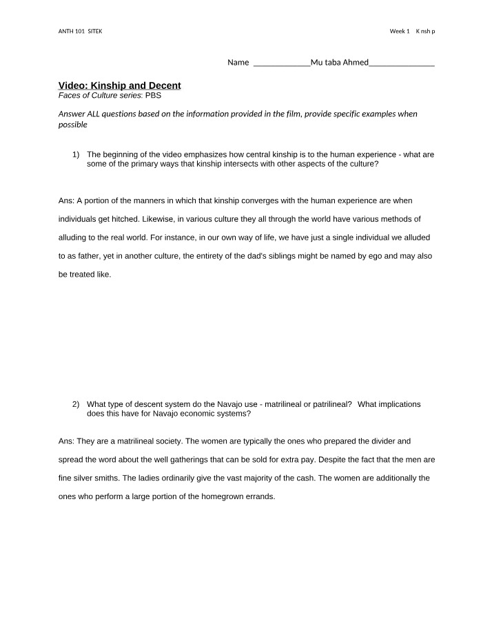 Questions and Answers on Kinship and Descent