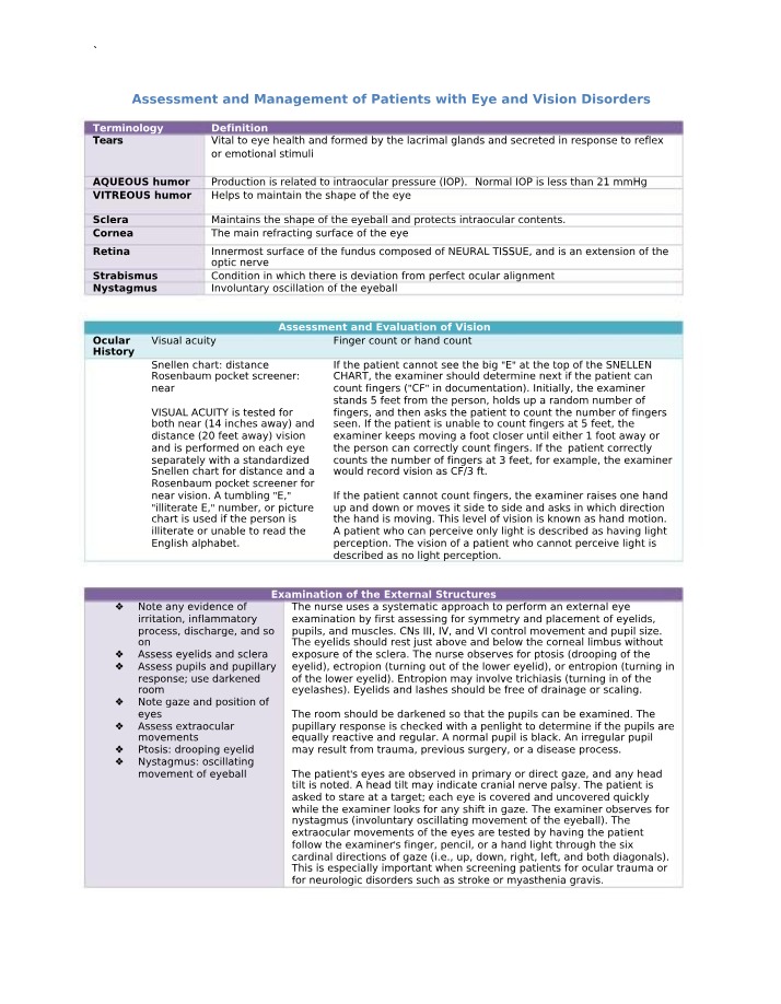 Eye and Vision Disorders - Management and Assessment
