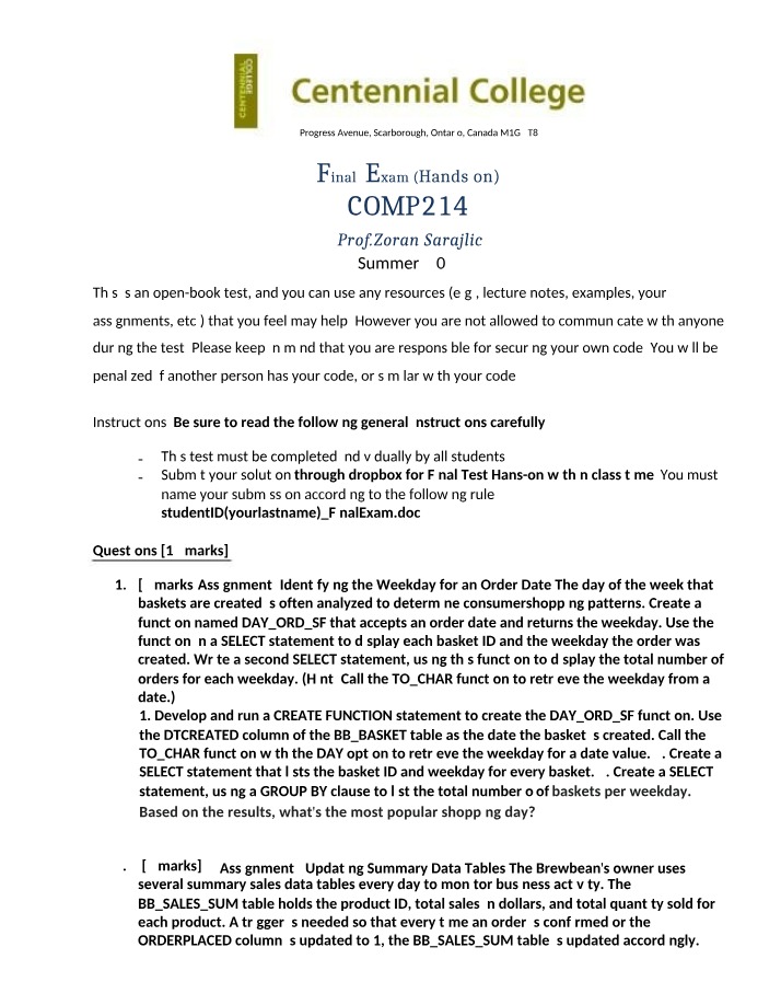 COMP214 Final Exam - Identifying Weekday for Order