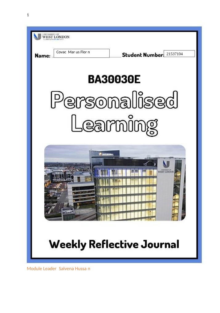Weekly Reflective Journal - Personalised Learning