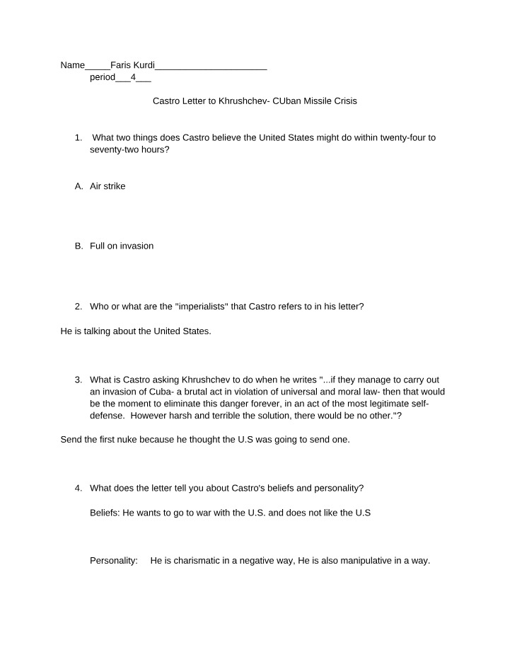 Analysis of Castro's Letter to Khrushchev during the Cuban Missile Crisis