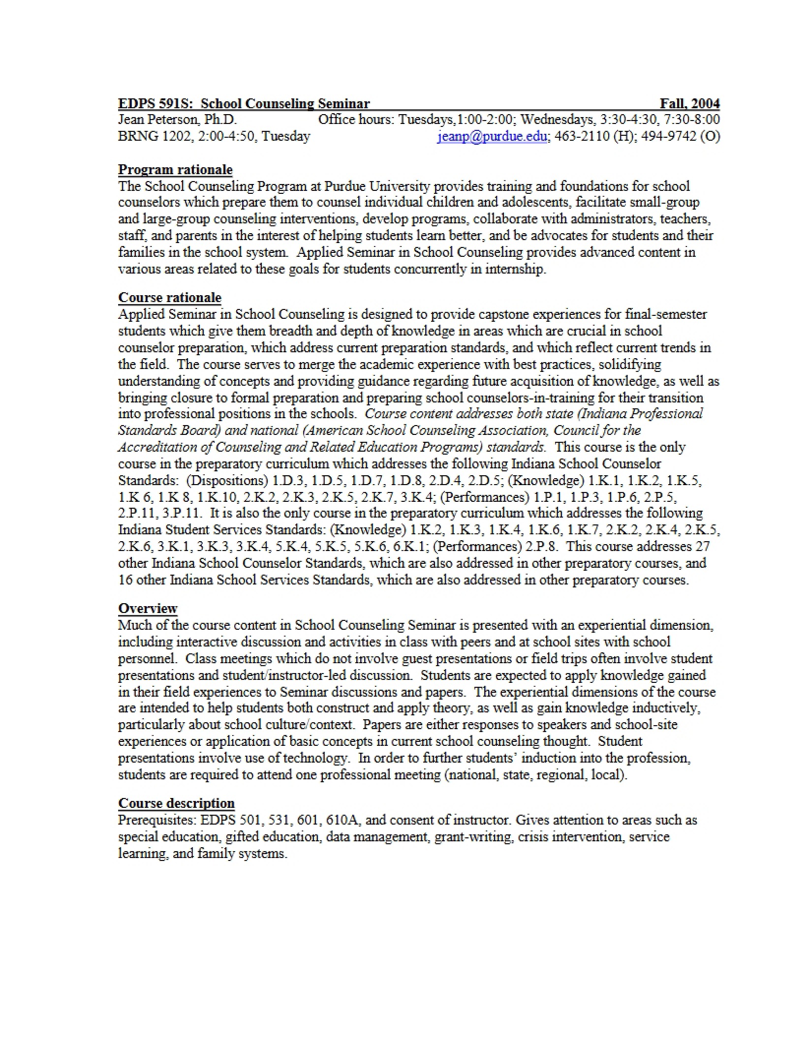 Syllabus - School Counseling Seminar