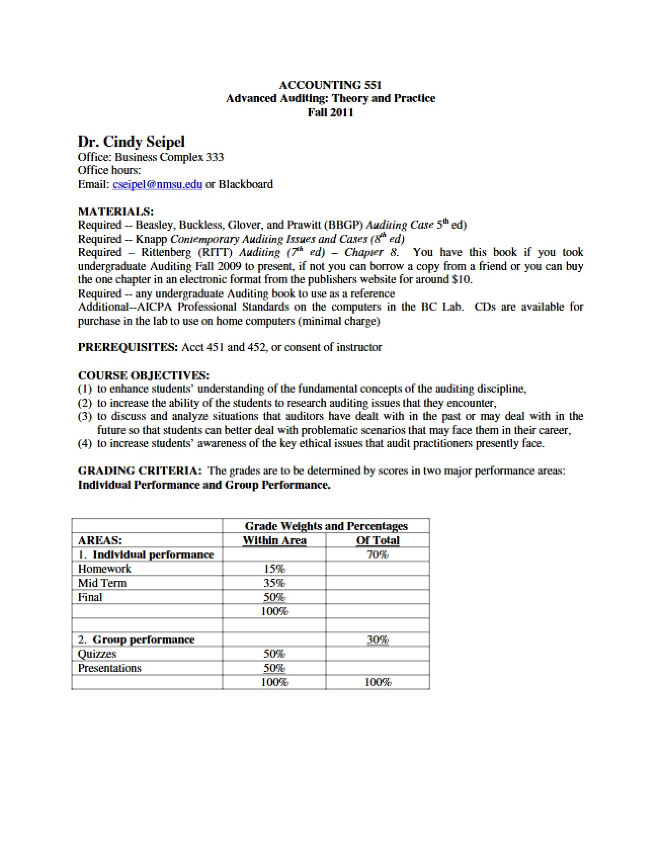 Advanced Auditing Theory and Practice Syllabus from Spring 2011 by Dr. Cindy Seipel
